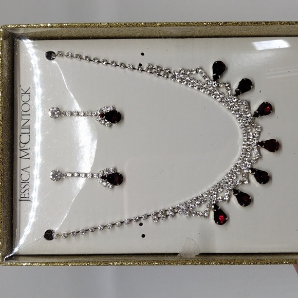 Jessica McClintock Ruby Red‎ and Clear Crystal Necklace & Earrings Set - Picture 4 of 7